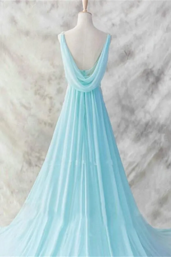 Ice Blue Simple Deep V-neck Beaded Open Back Prom Dresses PFP1258