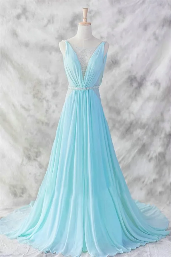 Ice Blue Simple Deep V-neck Beaded Open Back Prom Dresses PFP1258