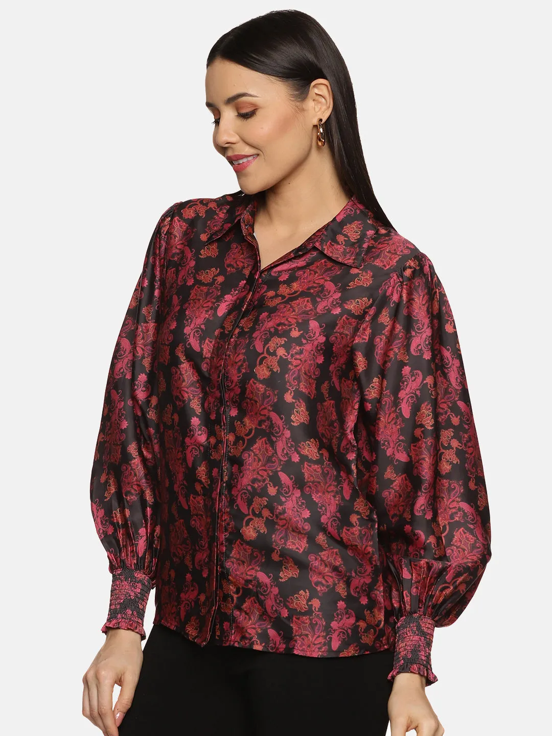 IS.U Paisley Print Black Satin Shirt