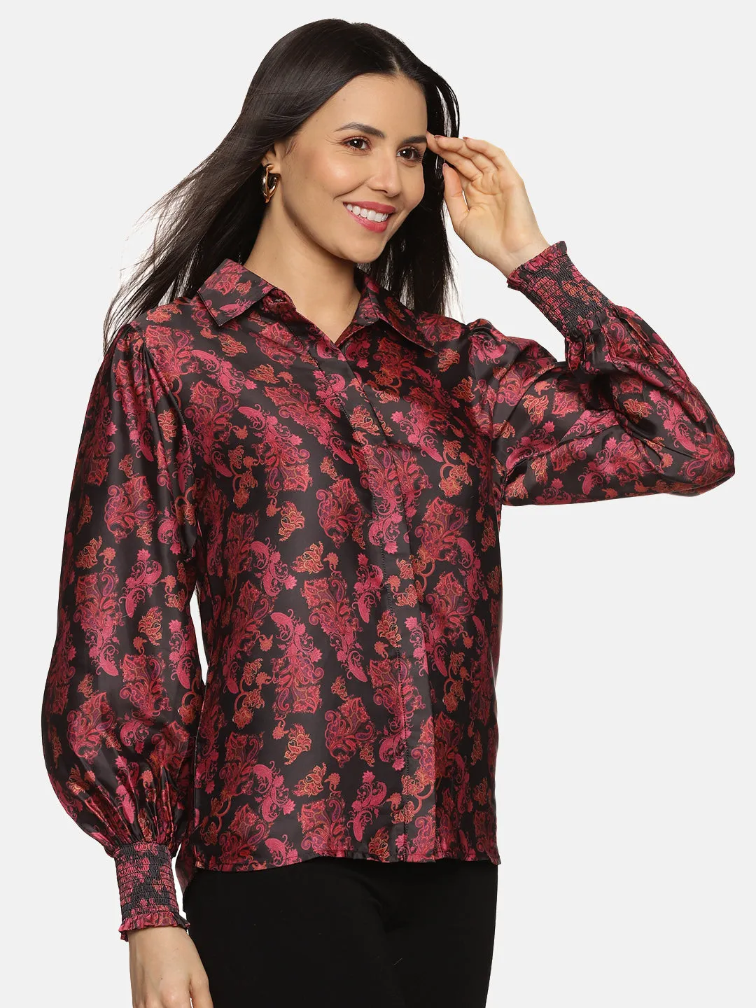 IS.U Paisley Print Black Satin Shirt