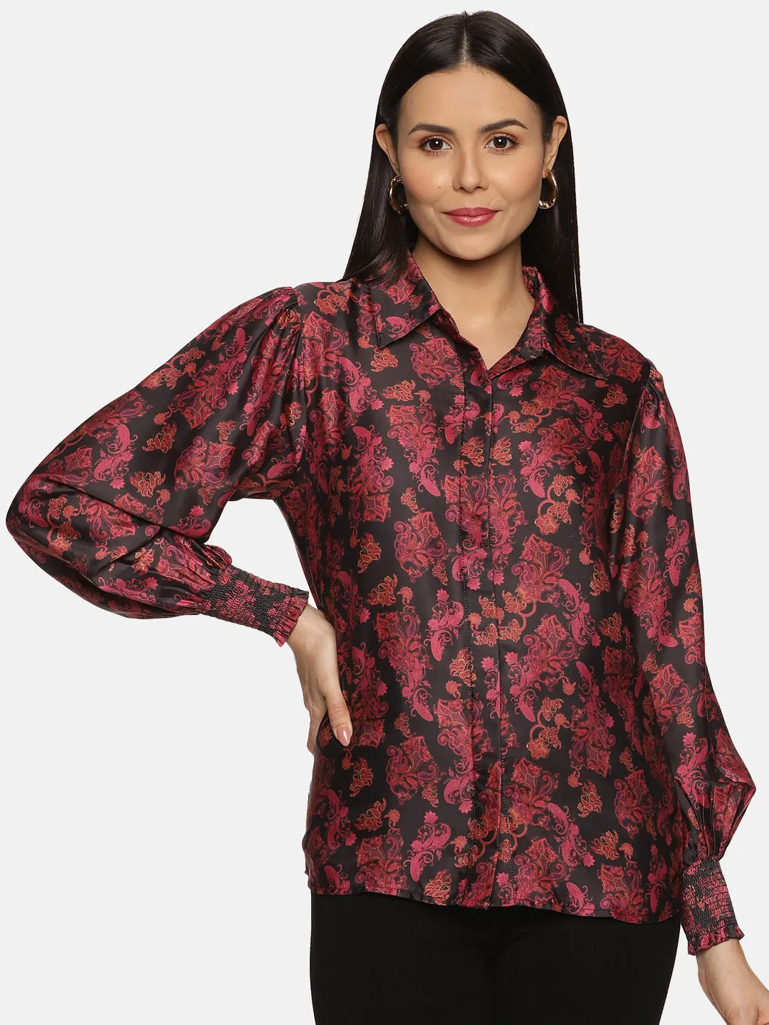 IS.U Paisley Print Black Satin Shirt