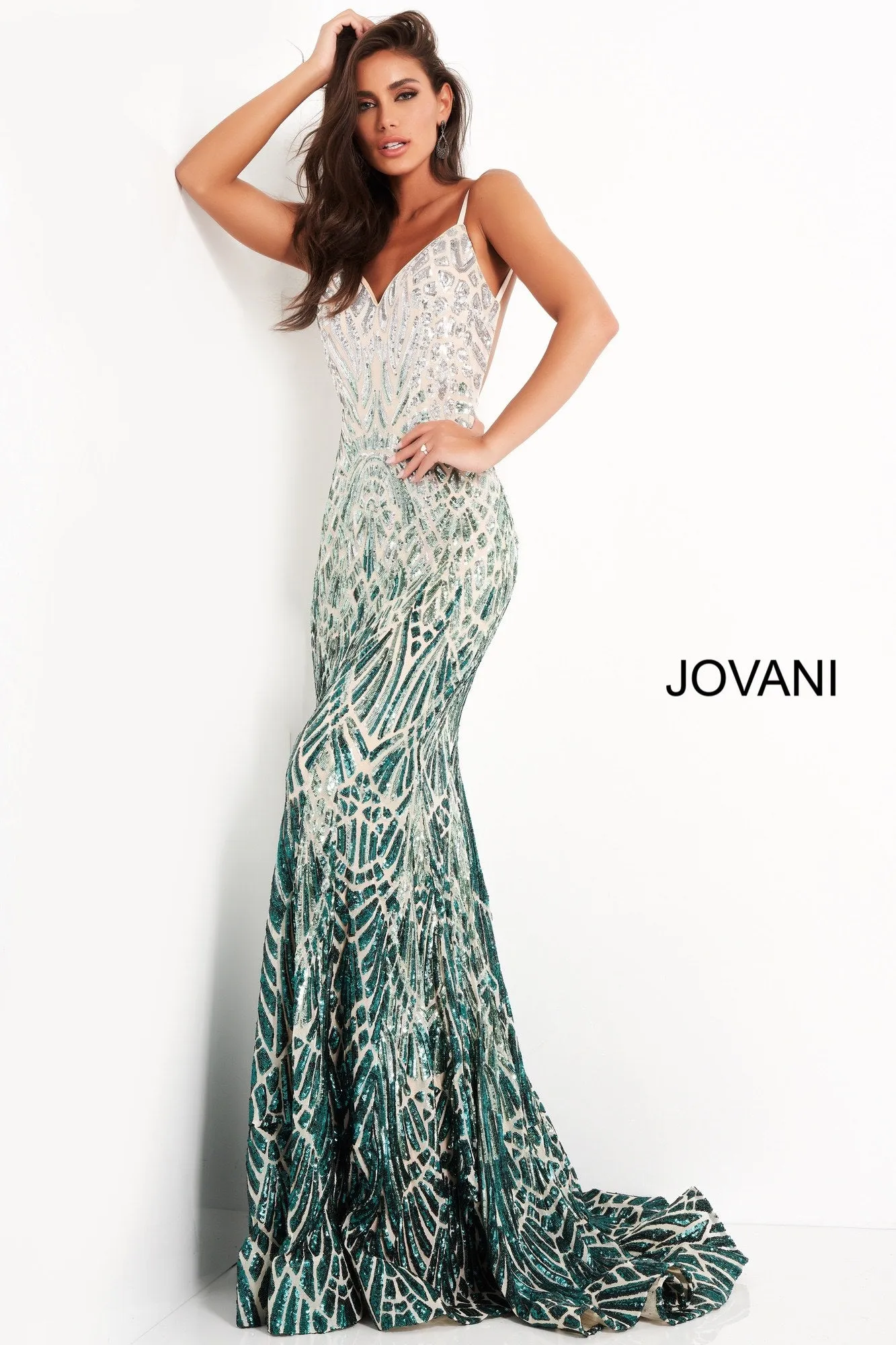 Jovani 06450 Long Backless Sequin Mermaid Prom Dress Formal Pageant Gown V Neck
