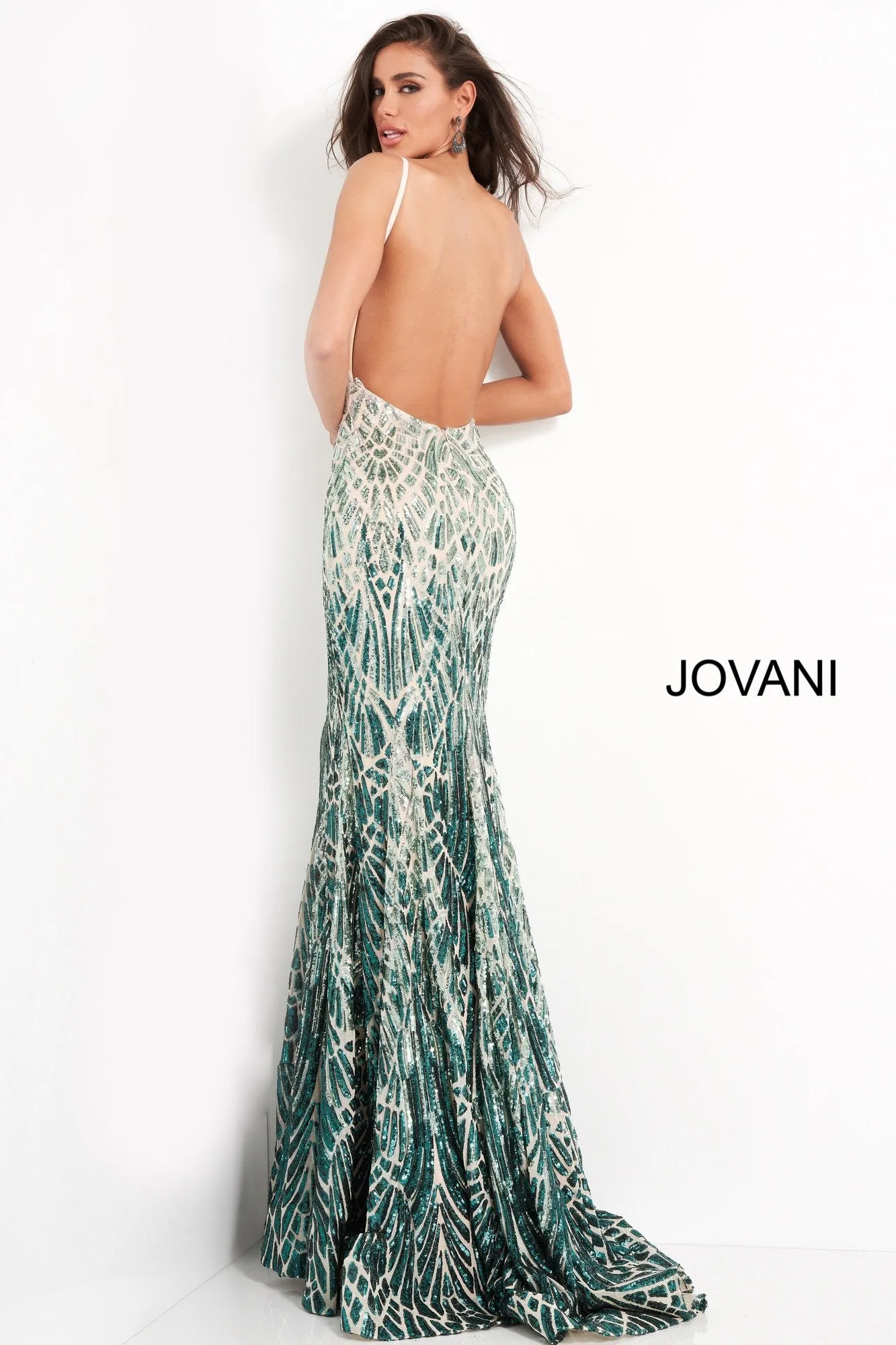 Jovani 06450 Long Backless Sequin Mermaid Prom Dress Formal Pageant Gown V Neck