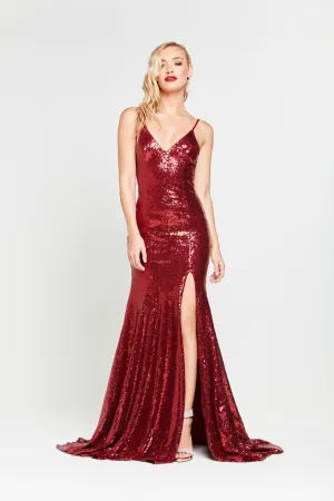 Kara Sequin Gown- Deep Red