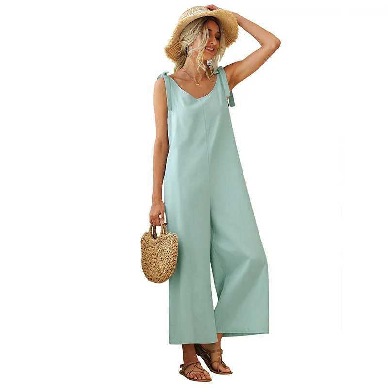 Ladies Tie Loose Straight Solid Jumpsuit