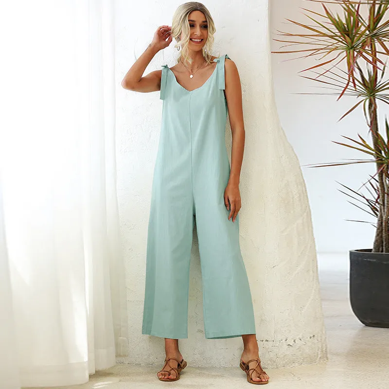 Ladies Tie Loose Straight Solid Jumpsuit