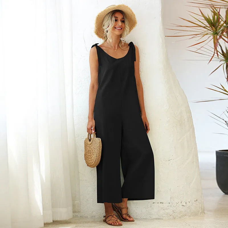 Ladies Tie Loose Straight Solid Jumpsuit
