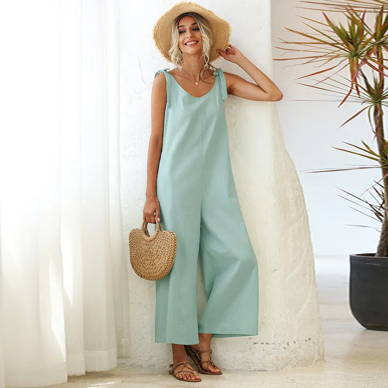 Ladies Tie Loose Straight Solid Jumpsuit