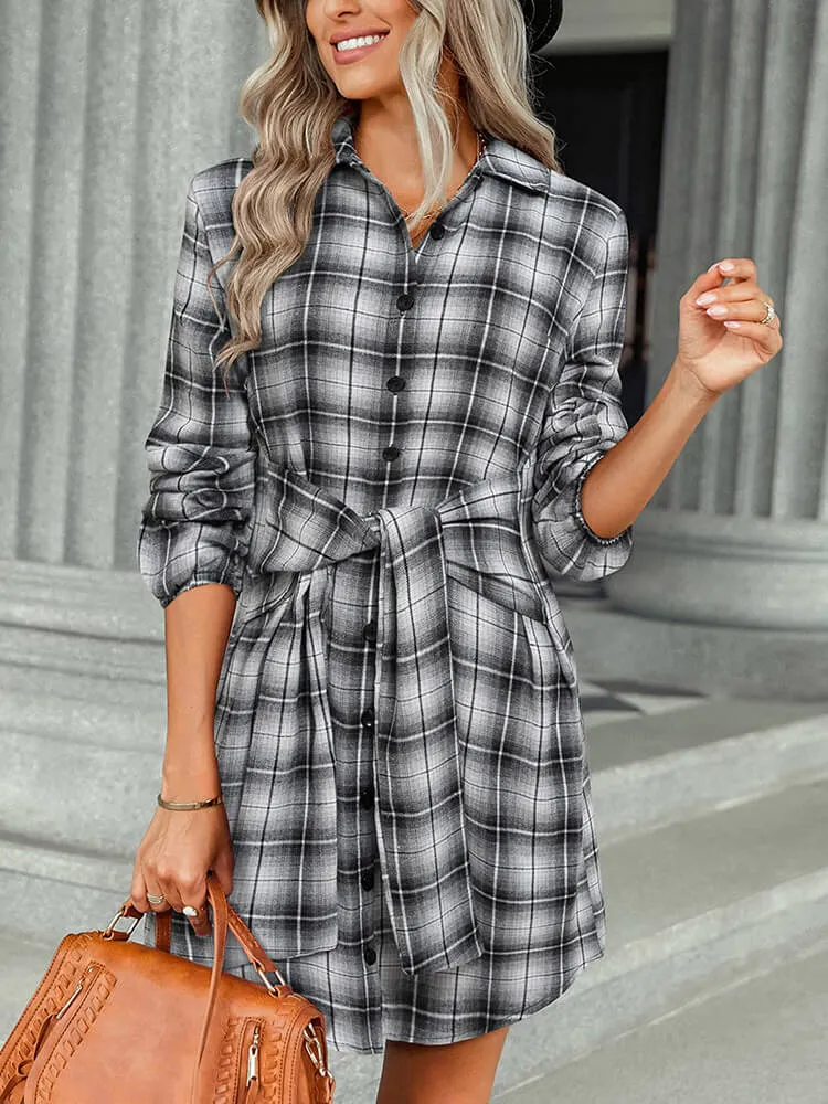 Long Sleeve Plaid Lace Up Shirt Mini Dresses