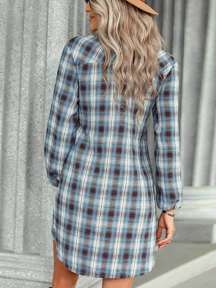 Long Sleeve Plaid Lace Up Shirt Mini Dresses