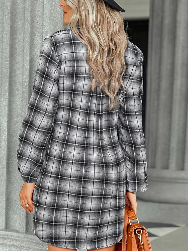 Long Sleeve Plaid Lace Up Shirt Mini Dresses