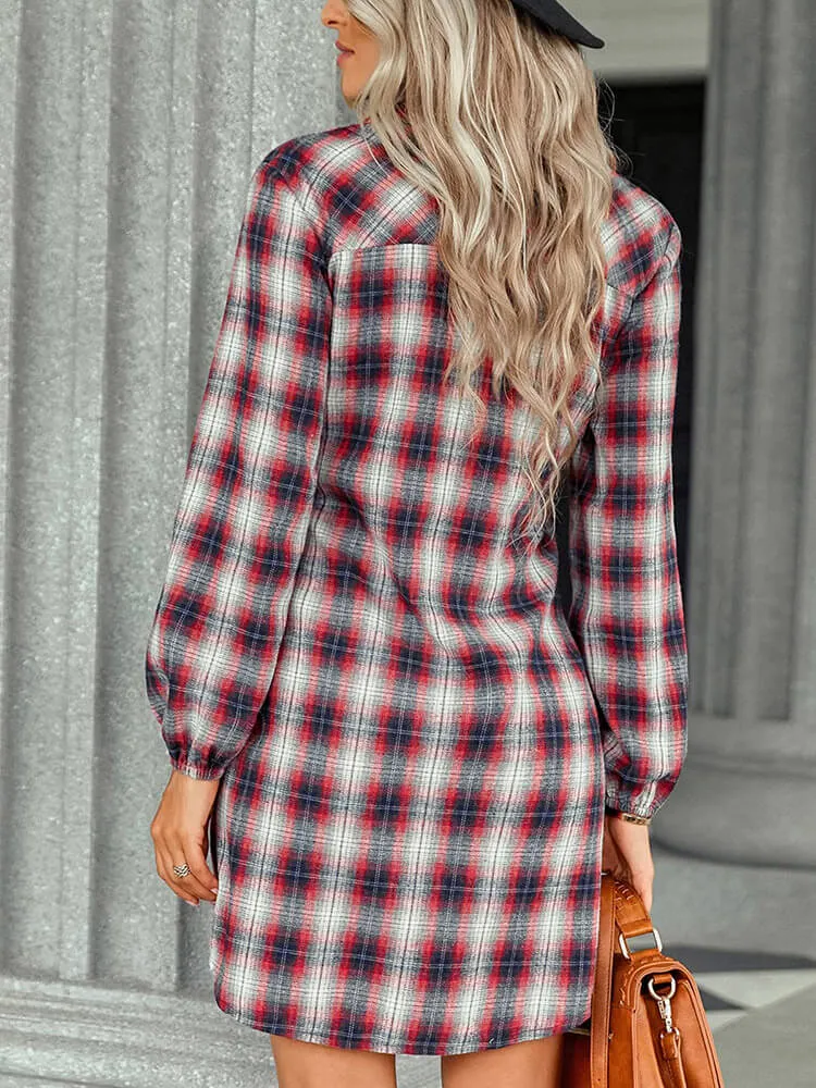 Long Sleeve Plaid Lace Up Shirt Mini Dresses