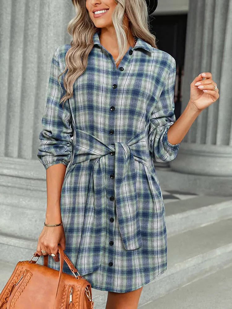 Long Sleeve Plaid Lace Up Shirt Mini Dresses