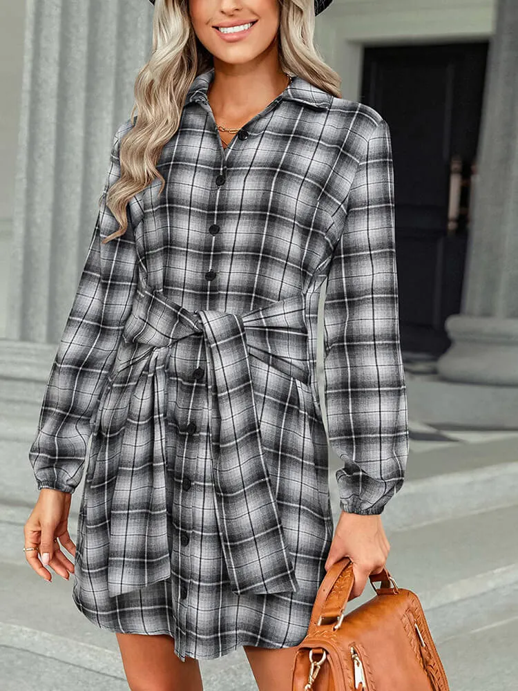 Long Sleeve Plaid Lace Up Shirt Mini Dresses