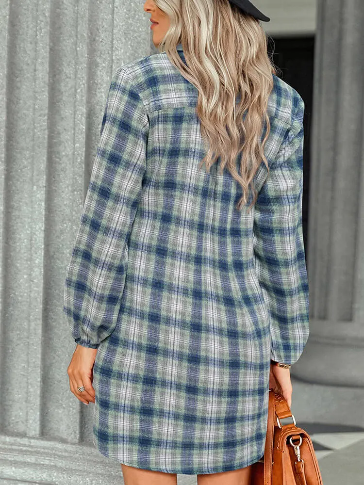Long Sleeve Plaid Lace Up Shirt Mini Dresses