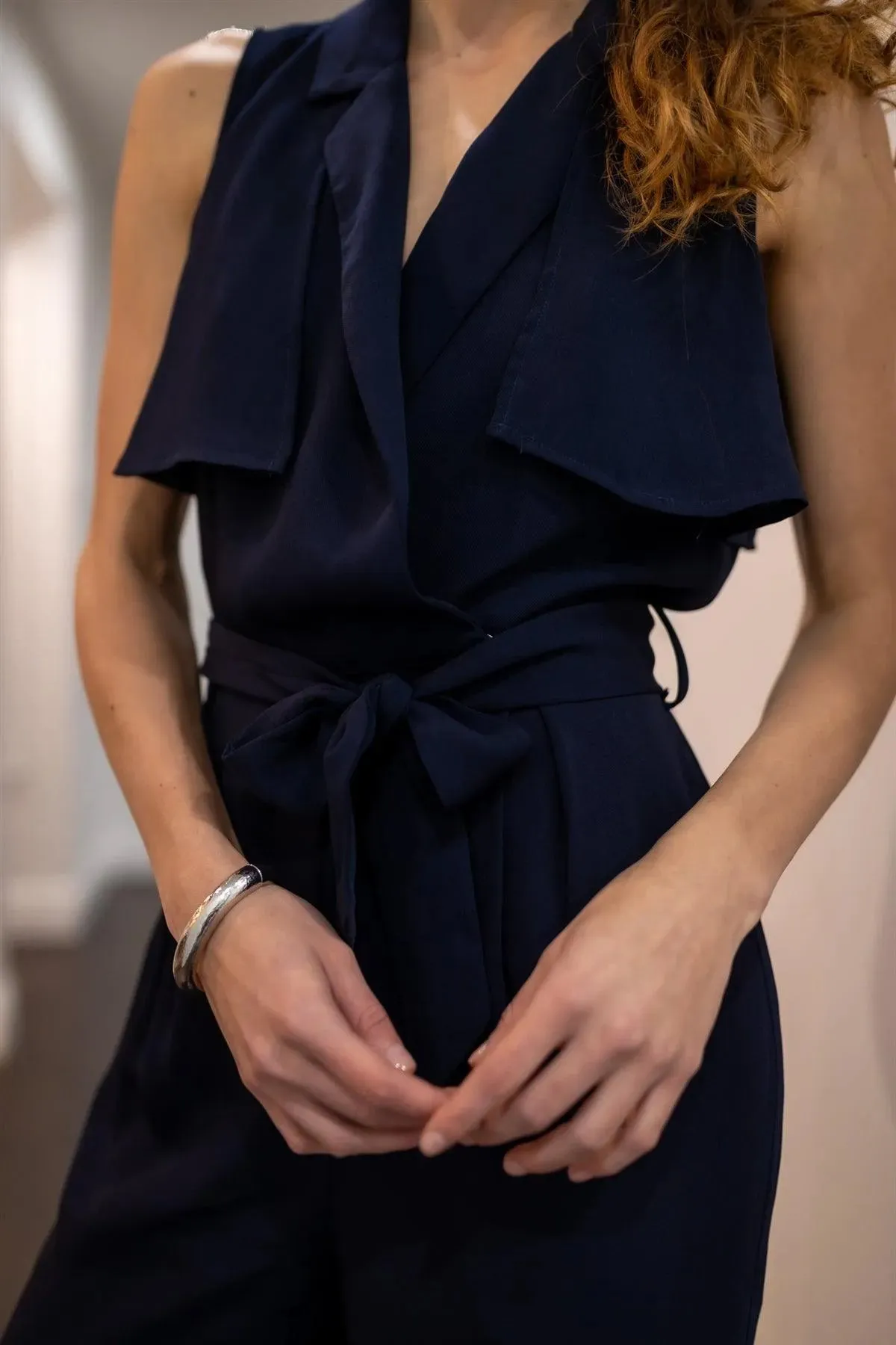 Navy Notched Collar Self-Tie Belted Cut-Out Back Detail Wide Leg Jumpsuit /1-2-2-1