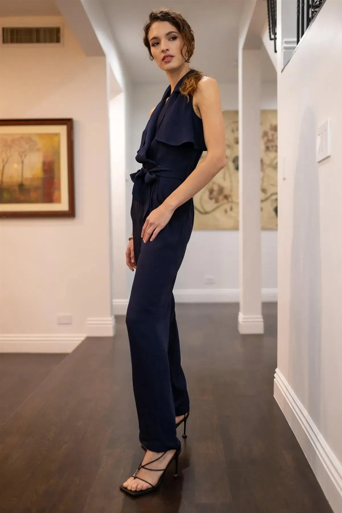 Navy Notched Collar Self-Tie Belted Cut-Out Back Detail Wide Leg Jumpsuit /1-2-2-1