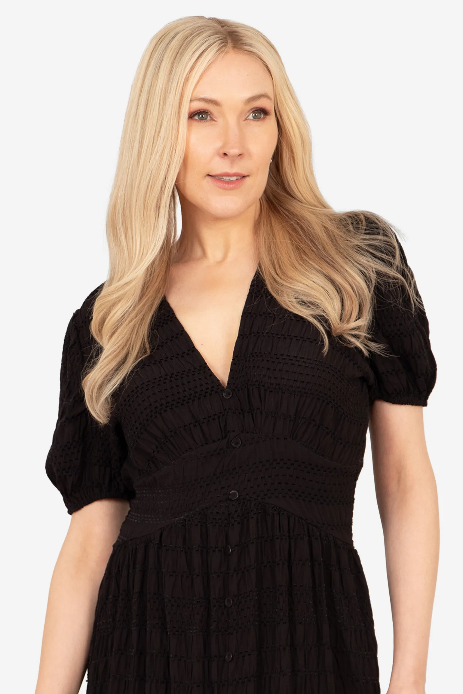 Oliva Button Front Midi Tea Dress - Black, Asymmetric Stripe