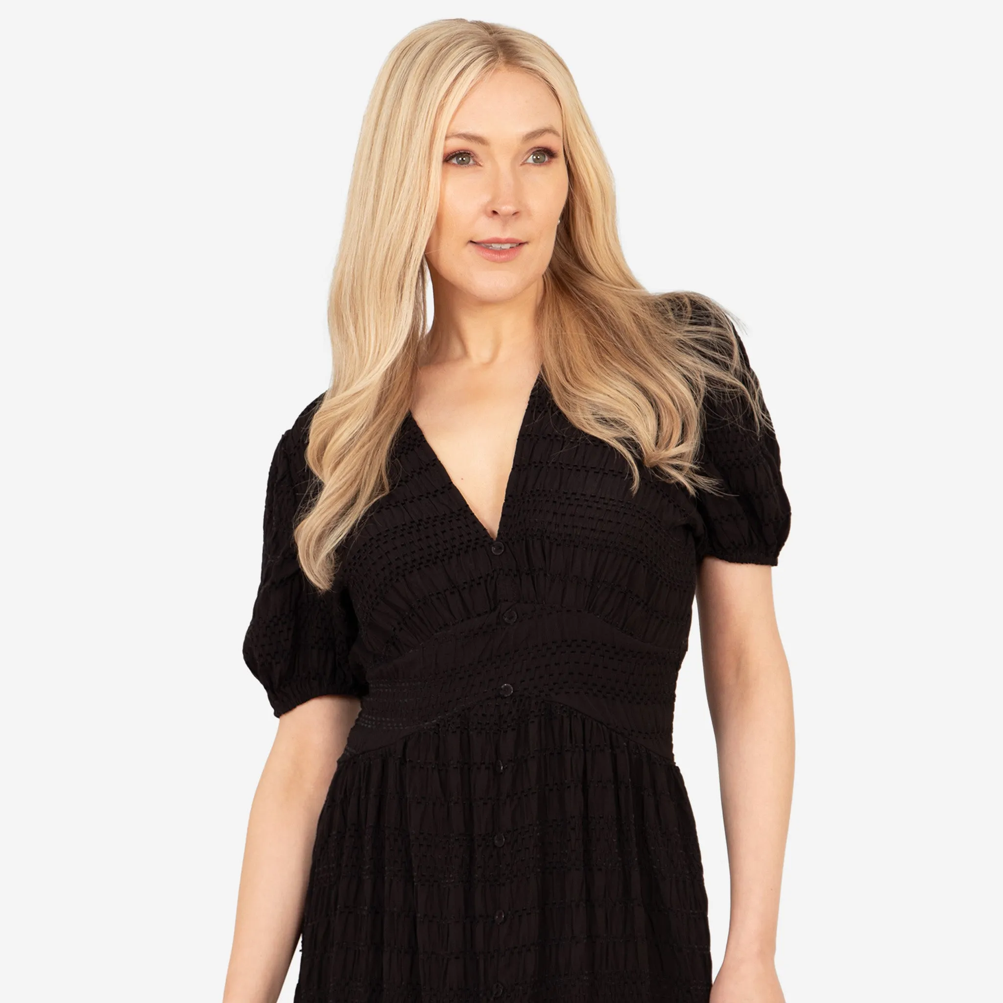 Oliva Button Front Midi Tea Dress - Black, Asymmetric Stripe