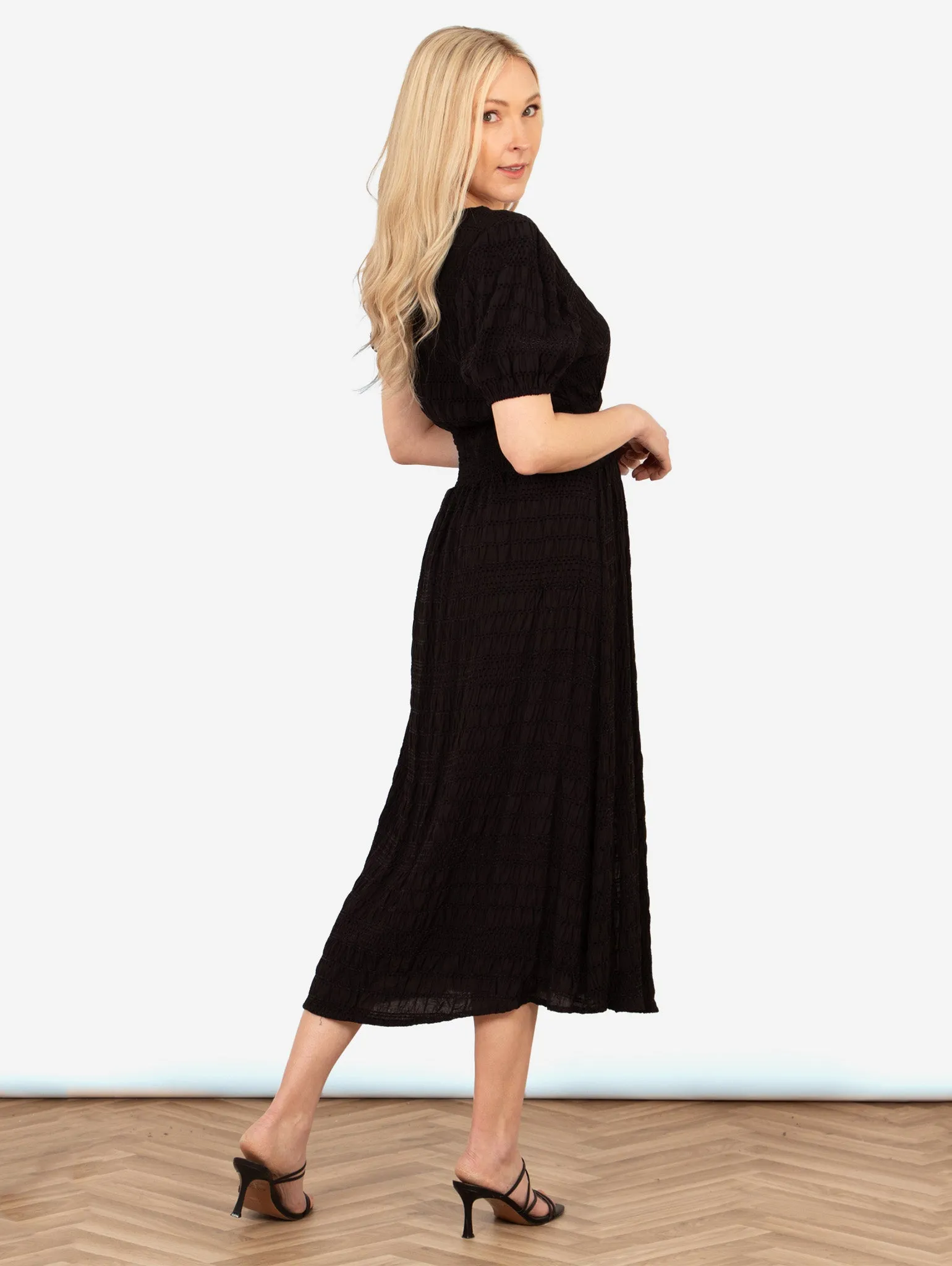 Oliva Button Front Midi Tea Dress - Black, Asymmetric Stripe