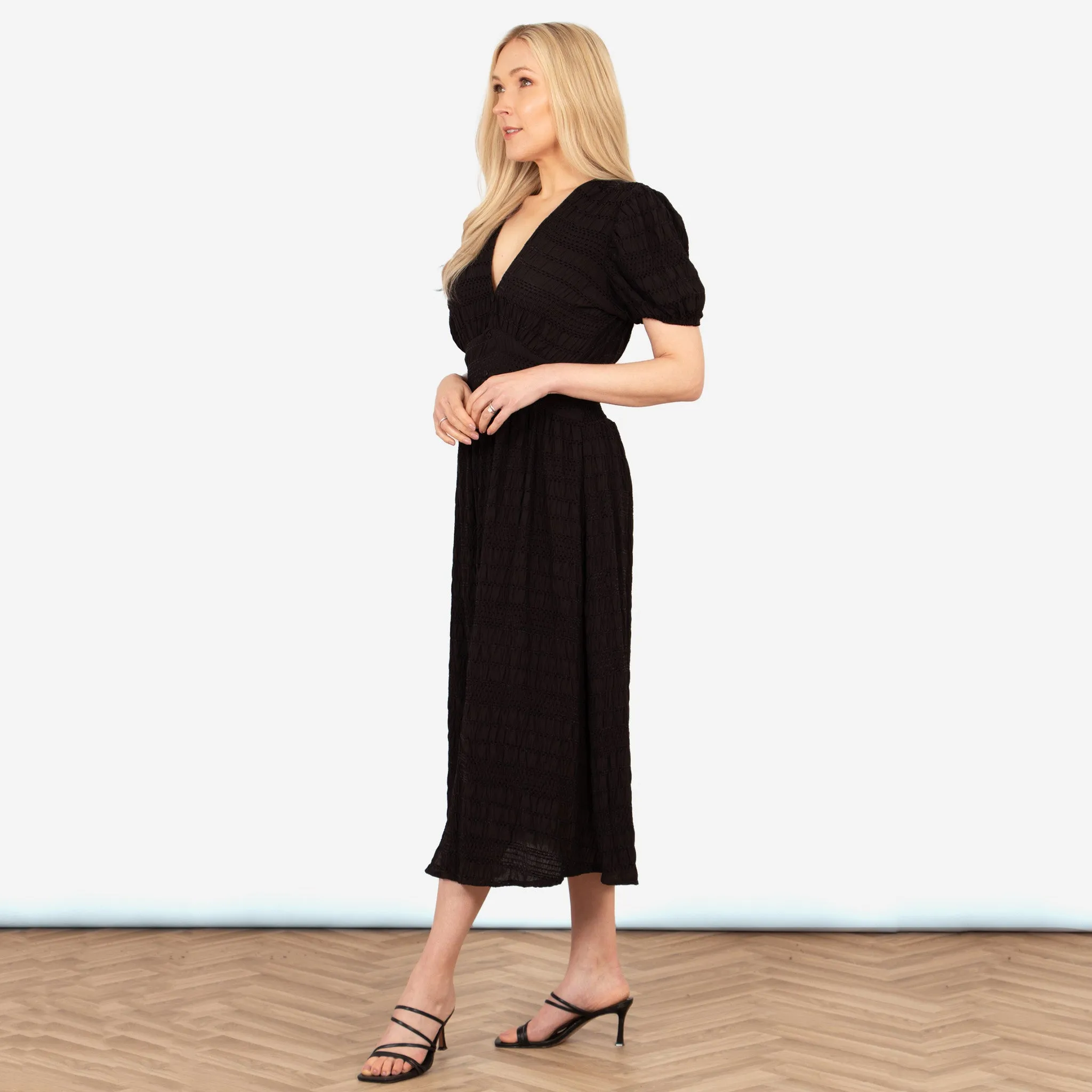 Oliva Button Front Midi Tea Dress - Black, Asymmetric Stripe
