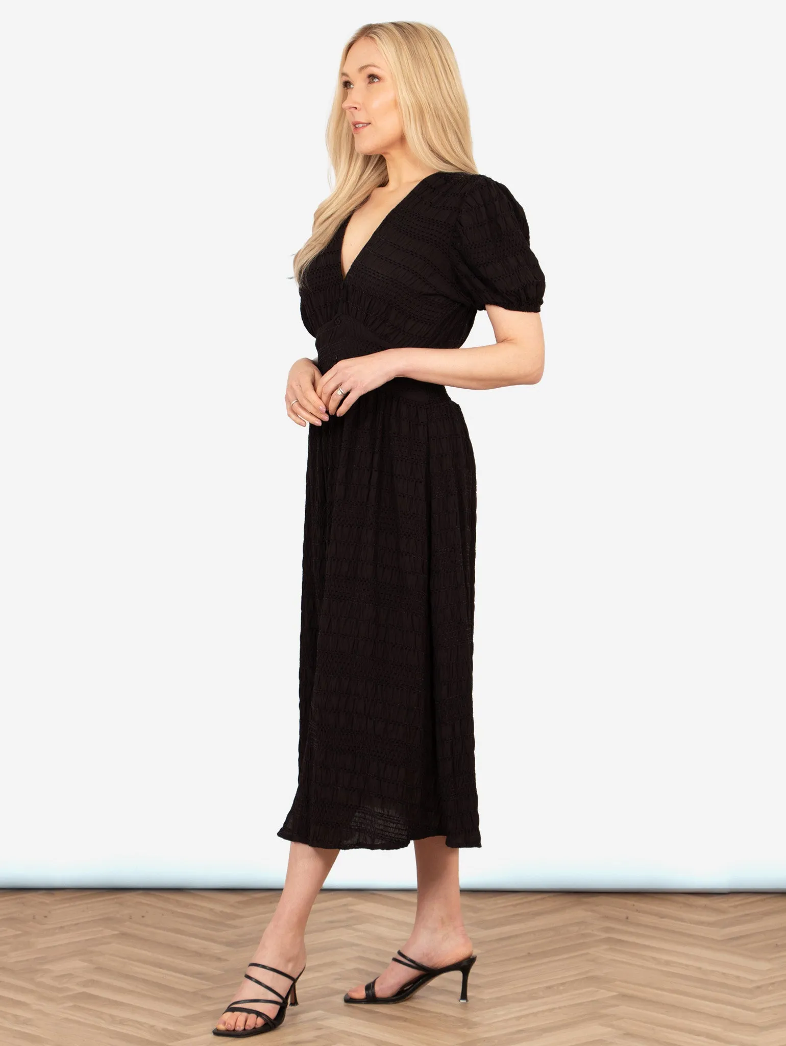 Oliva Button Front Midi Tea Dress - Black, Asymmetric Stripe