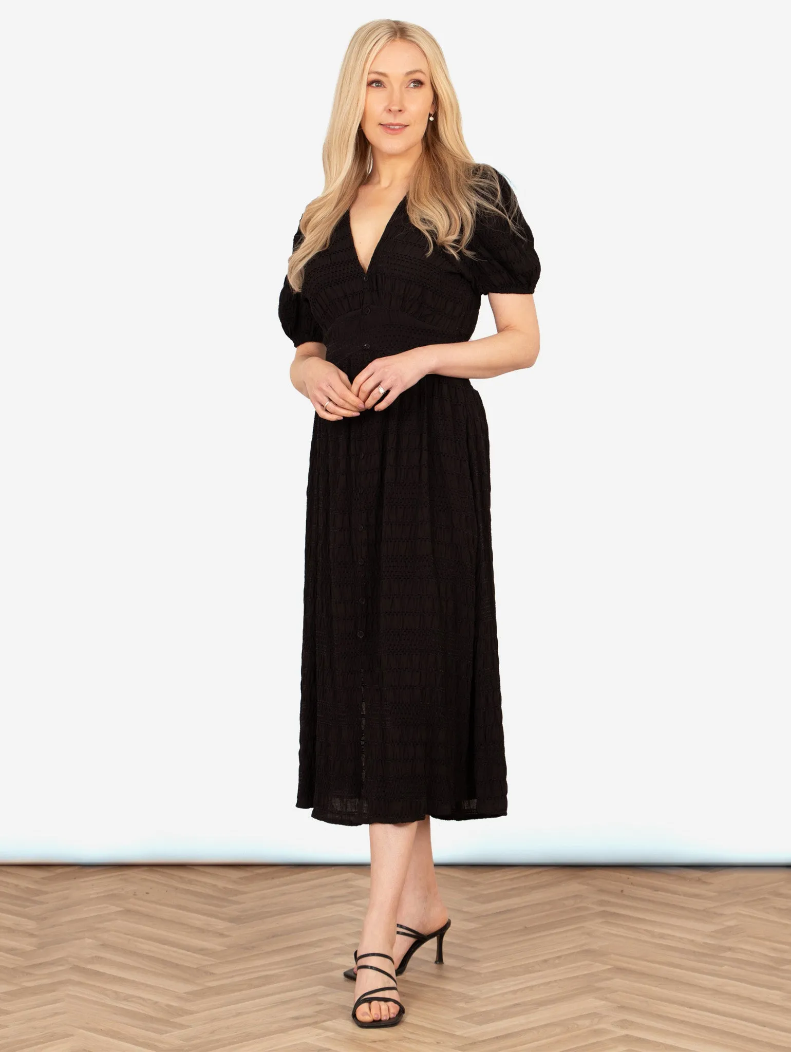 Oliva Button Front Midi Tea Dress - Black, Asymmetric Stripe