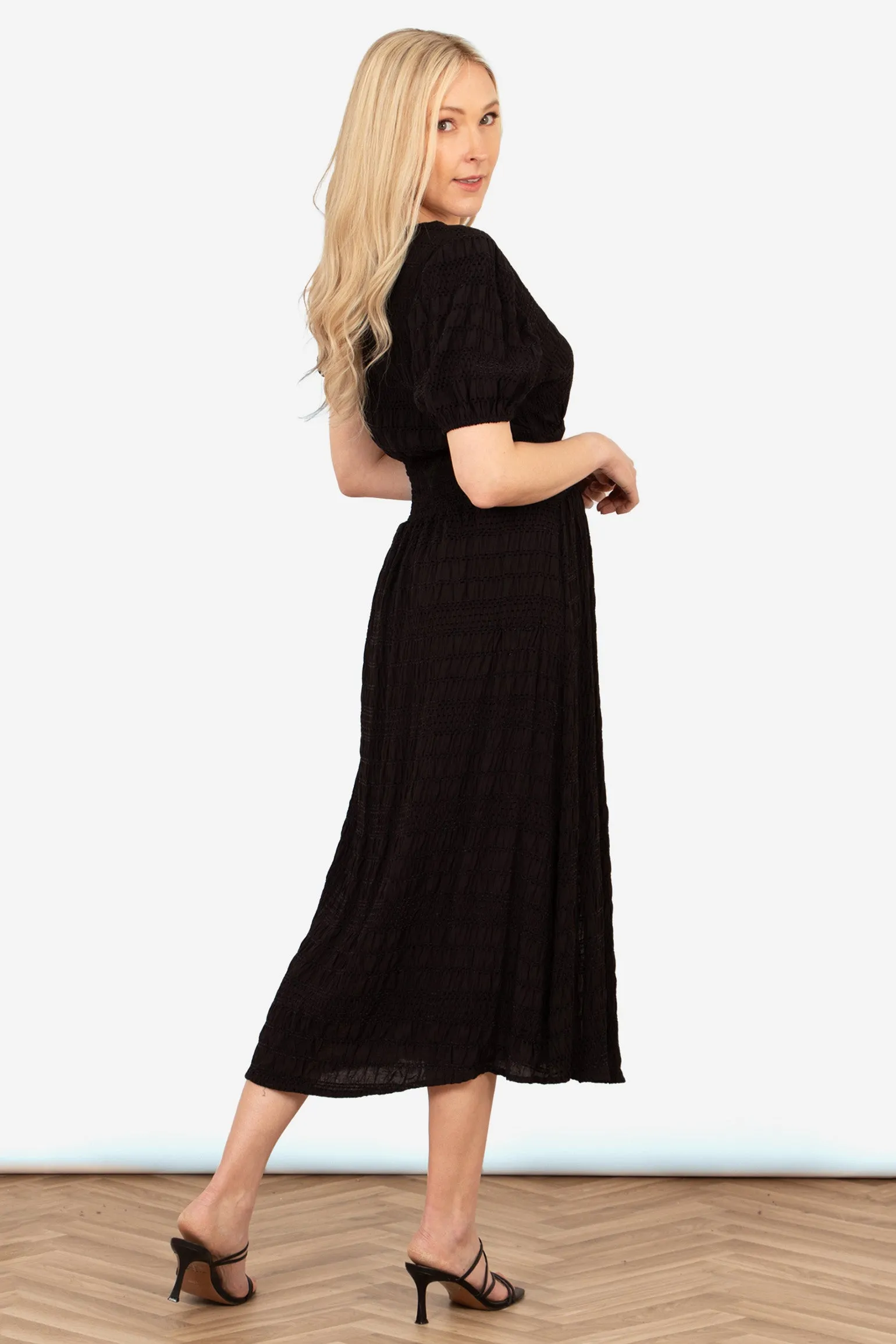 Oliva Button Front Midi Tea Dress - Black, Asymmetric Stripe