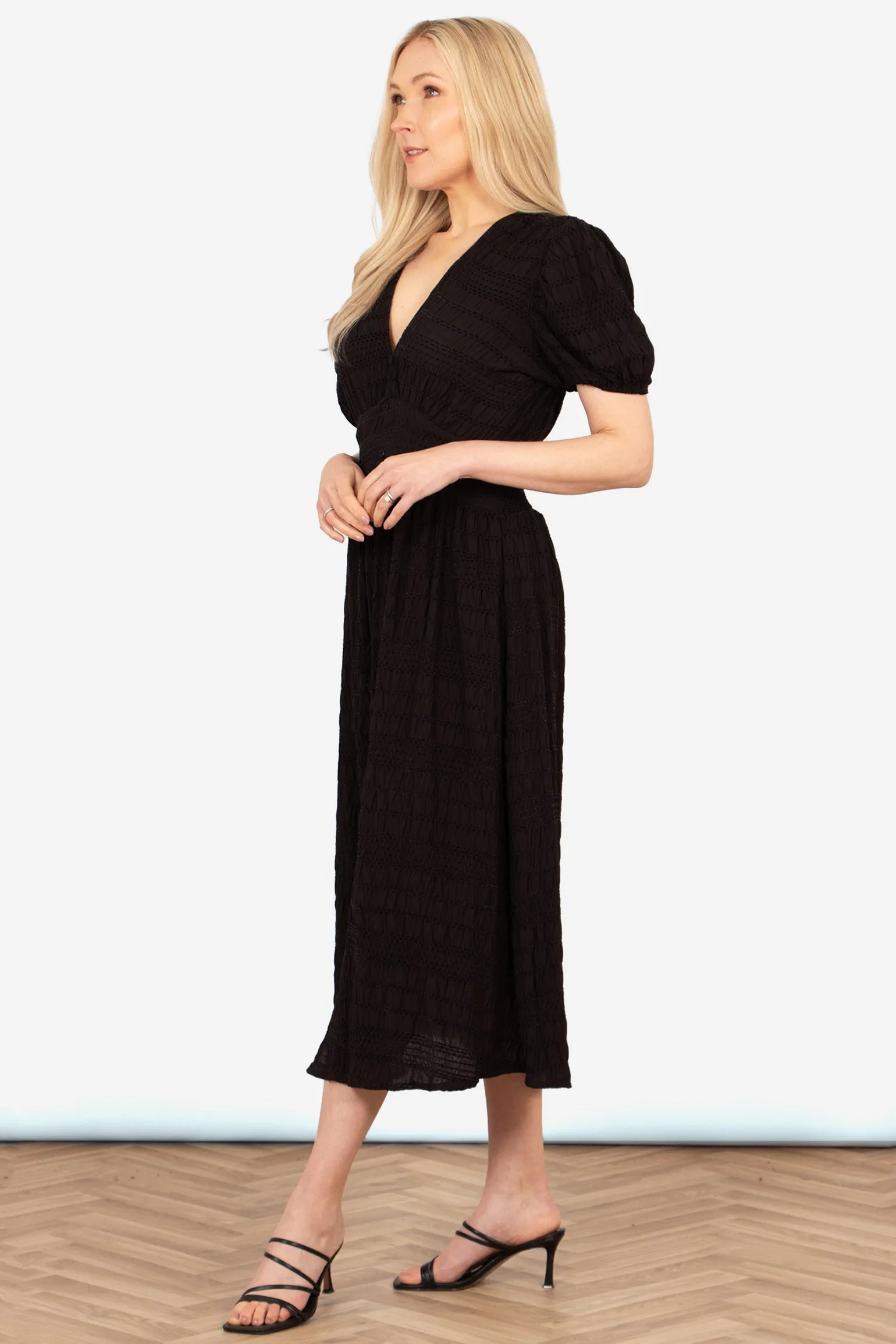 Oliva Button Front Midi Tea Dress - Black, Asymmetric Stripe