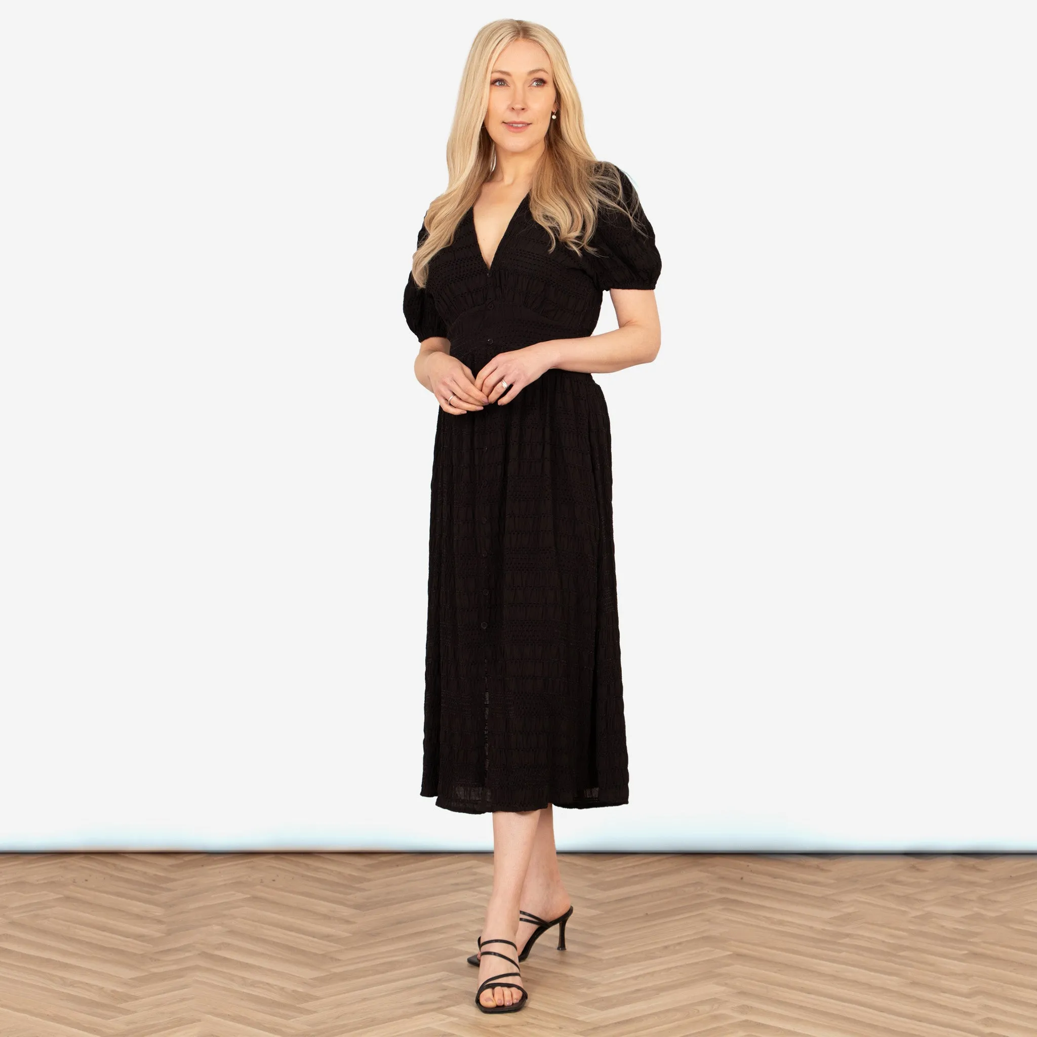 Oliva Button Front Midi Tea Dress - Black, Asymmetric Stripe