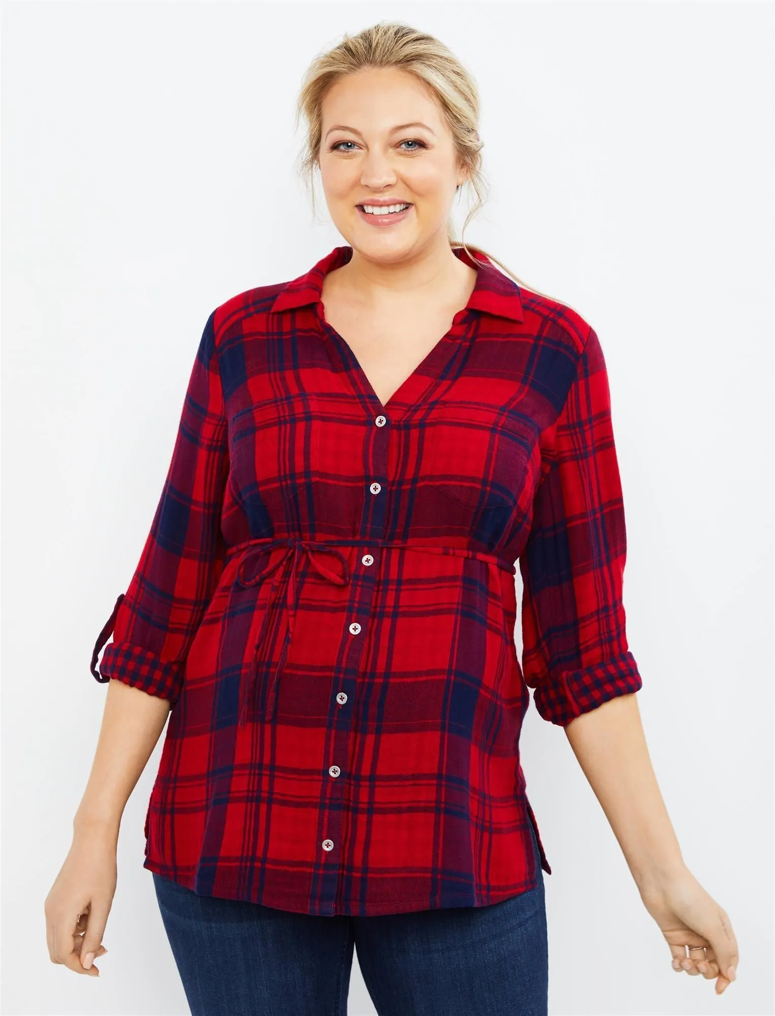 Plaid Button Front Maternity Top in Red Plaid