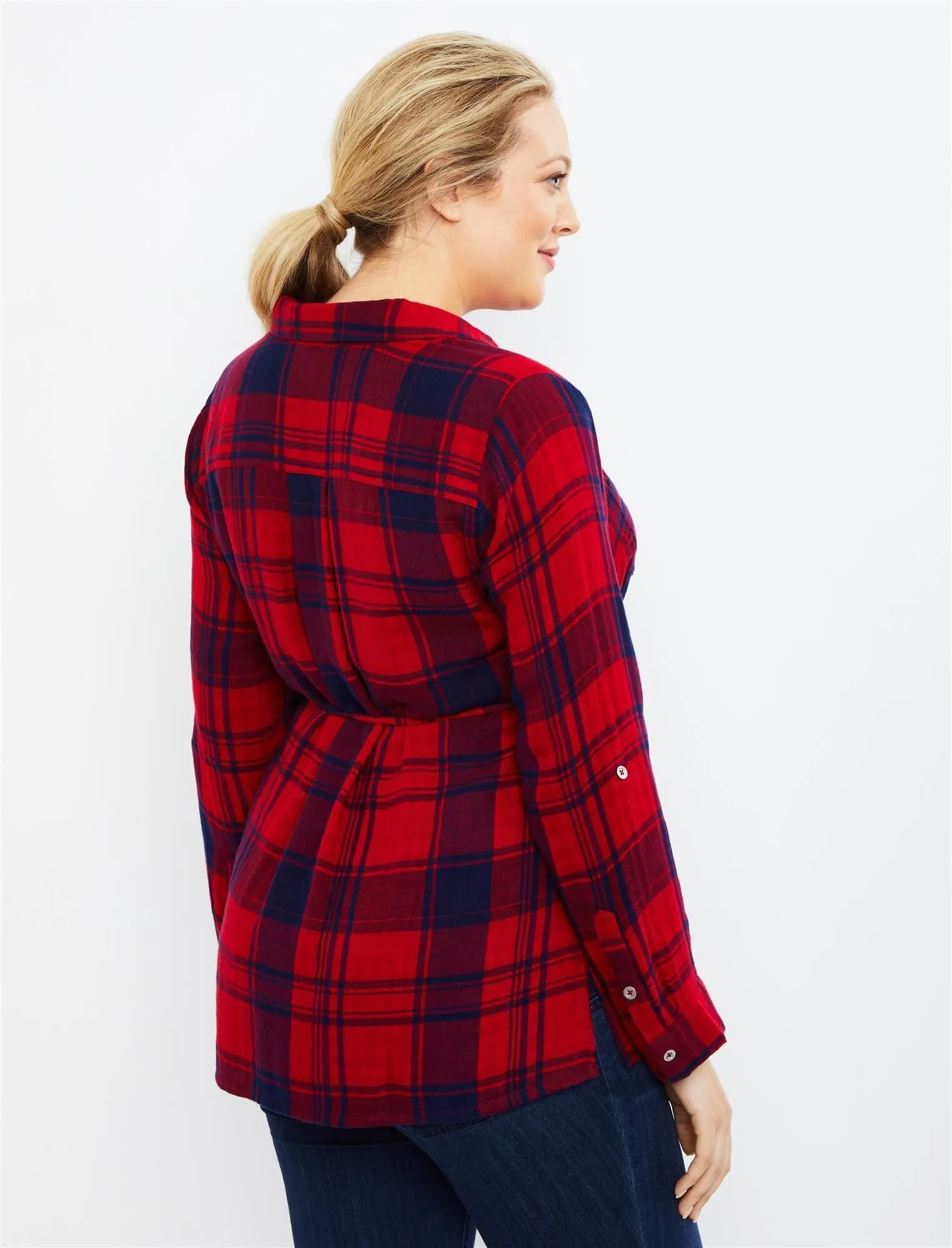 Plaid Button Front Maternity Top in Red Plaid