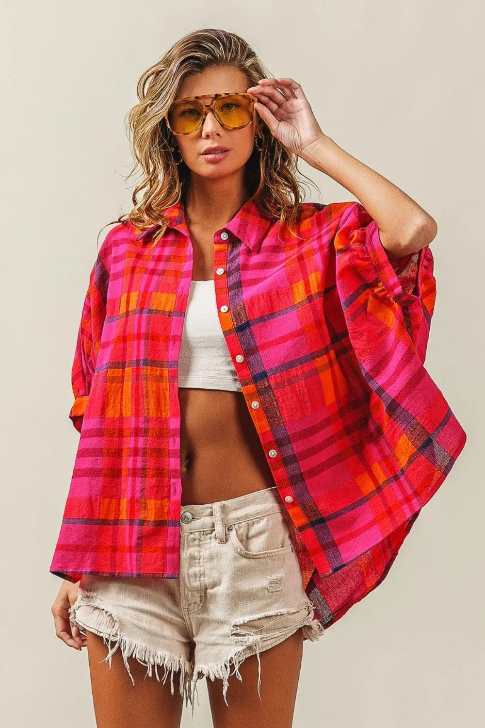 Plaid Shirt Cotton Linen Button Up Dolman Sleeve Top