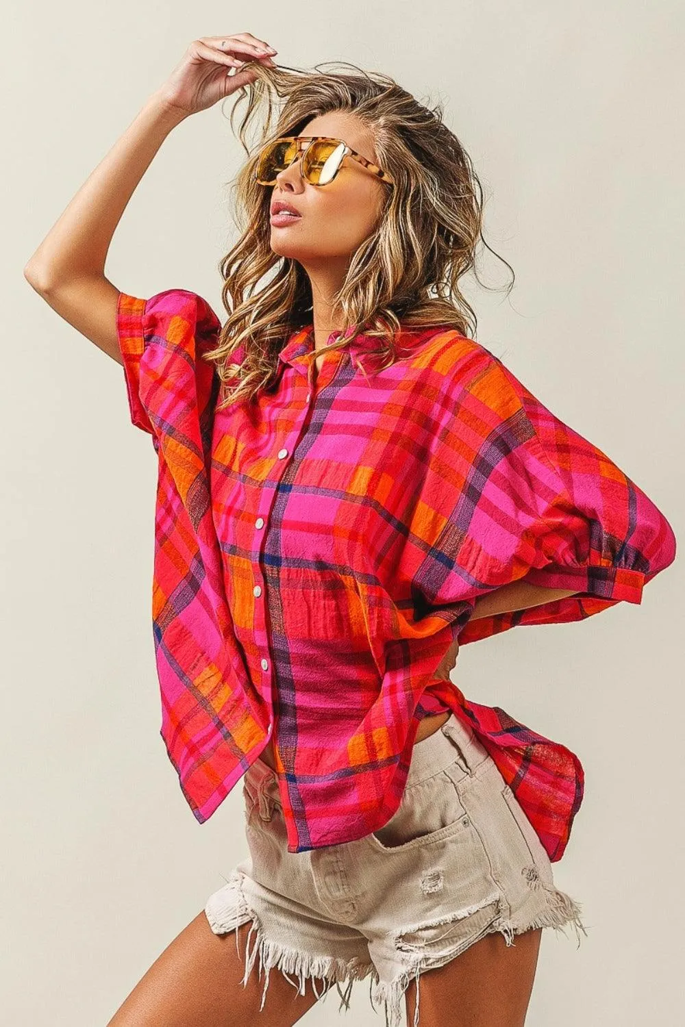 Plaid Shirt Cotton Linen Button Up Dolman Sleeve Top
