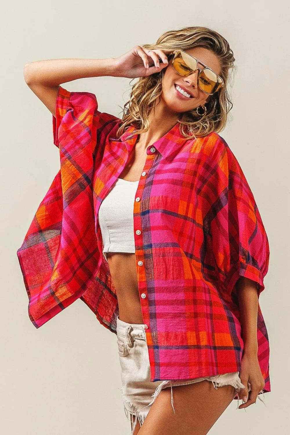Plaid Shirt Cotton Linen Button Up Dolman Sleeve Top
