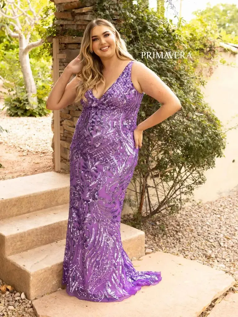Primavera Couture 14008 Long Fitted Plus Size Sequin Prom Dress V Neck Formal Gown