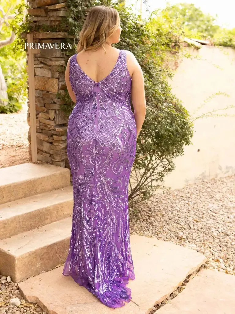 Primavera Couture 14008 Long Fitted Plus Size Sequin Prom Dress V Neck Formal Gown