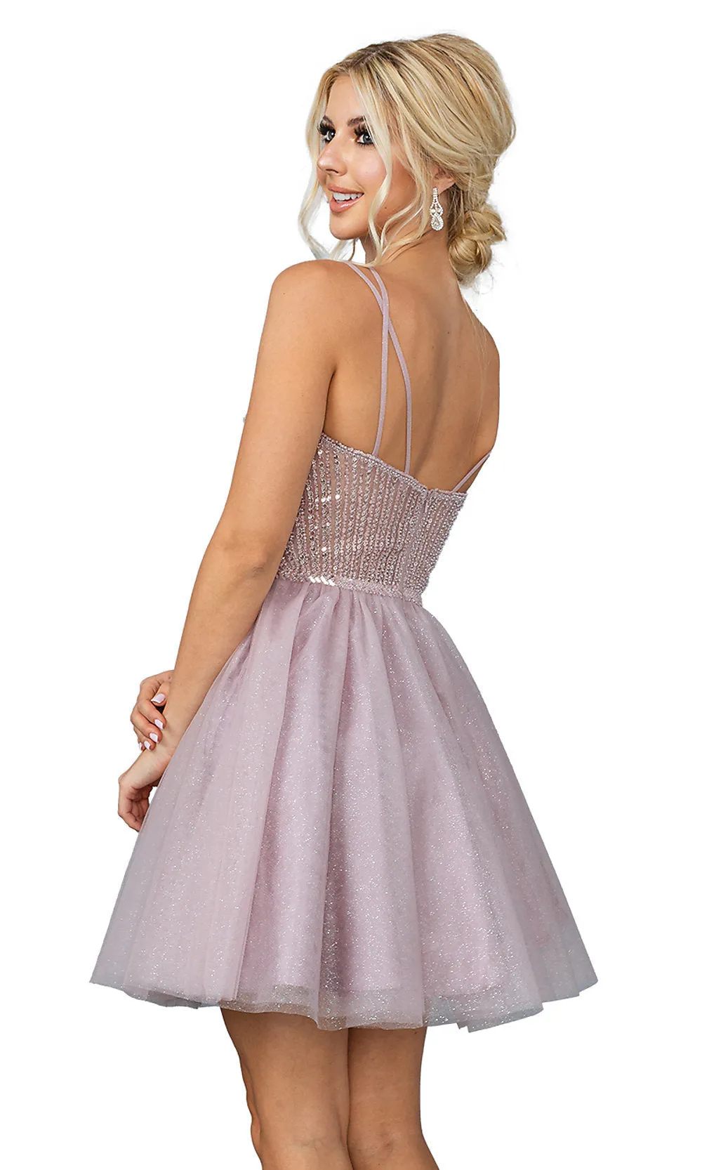 Sequin Sheer-Bodice Short A-Line Party Dress