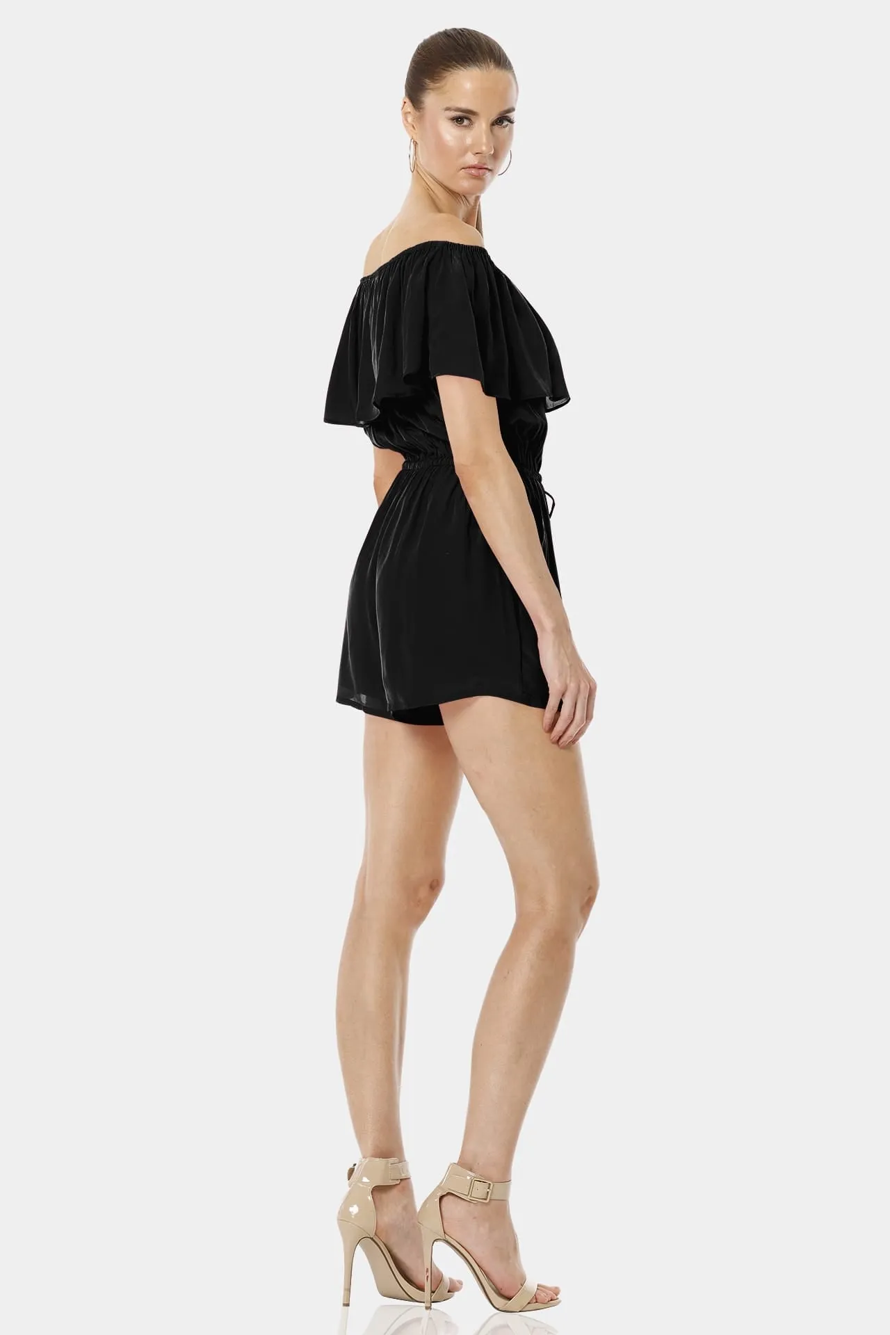 Serenity Black Off Shoulder Backless Mini Dress With Elastic Waist