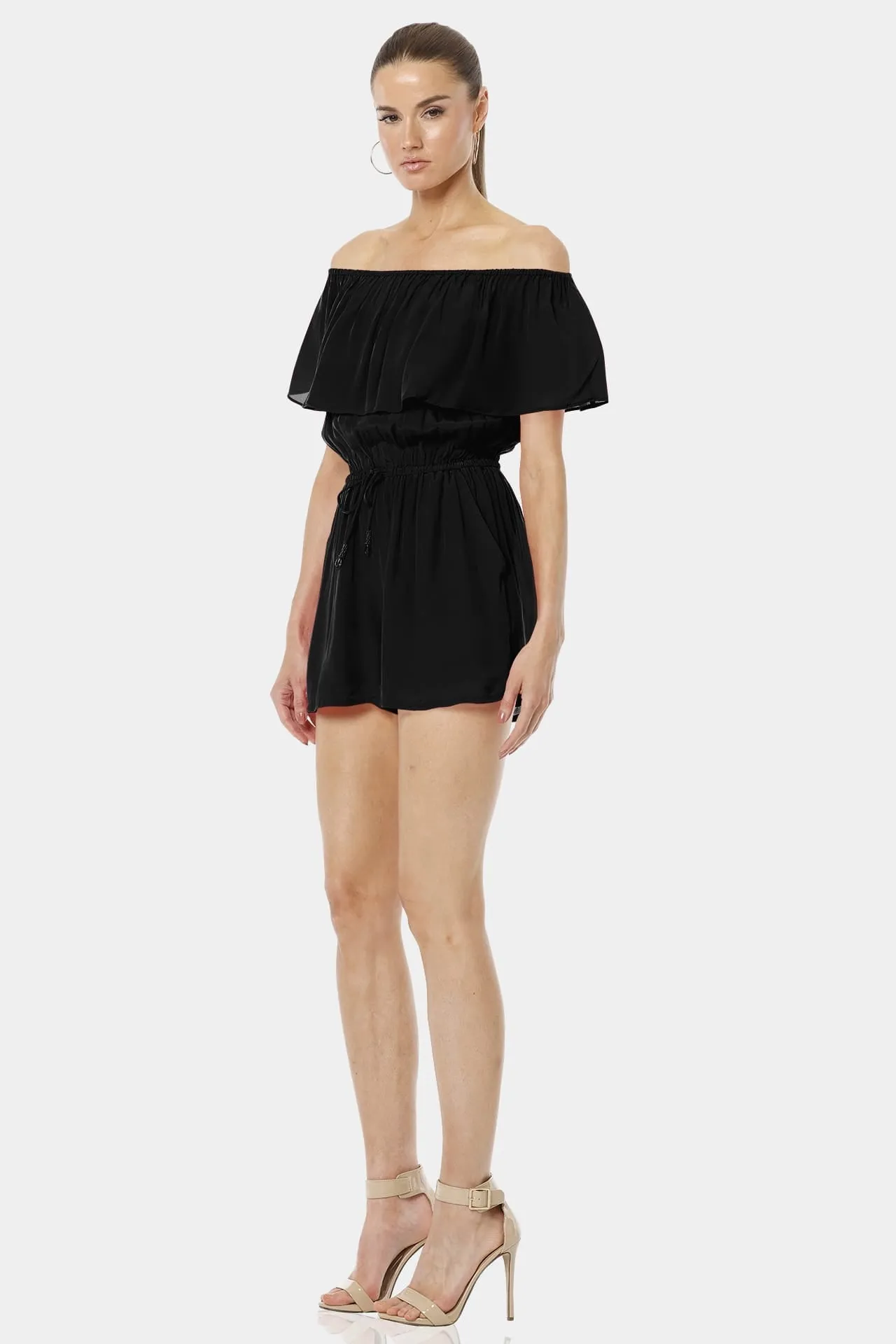 Serenity Black Off Shoulder Backless Mini Dress With Elastic Waist
