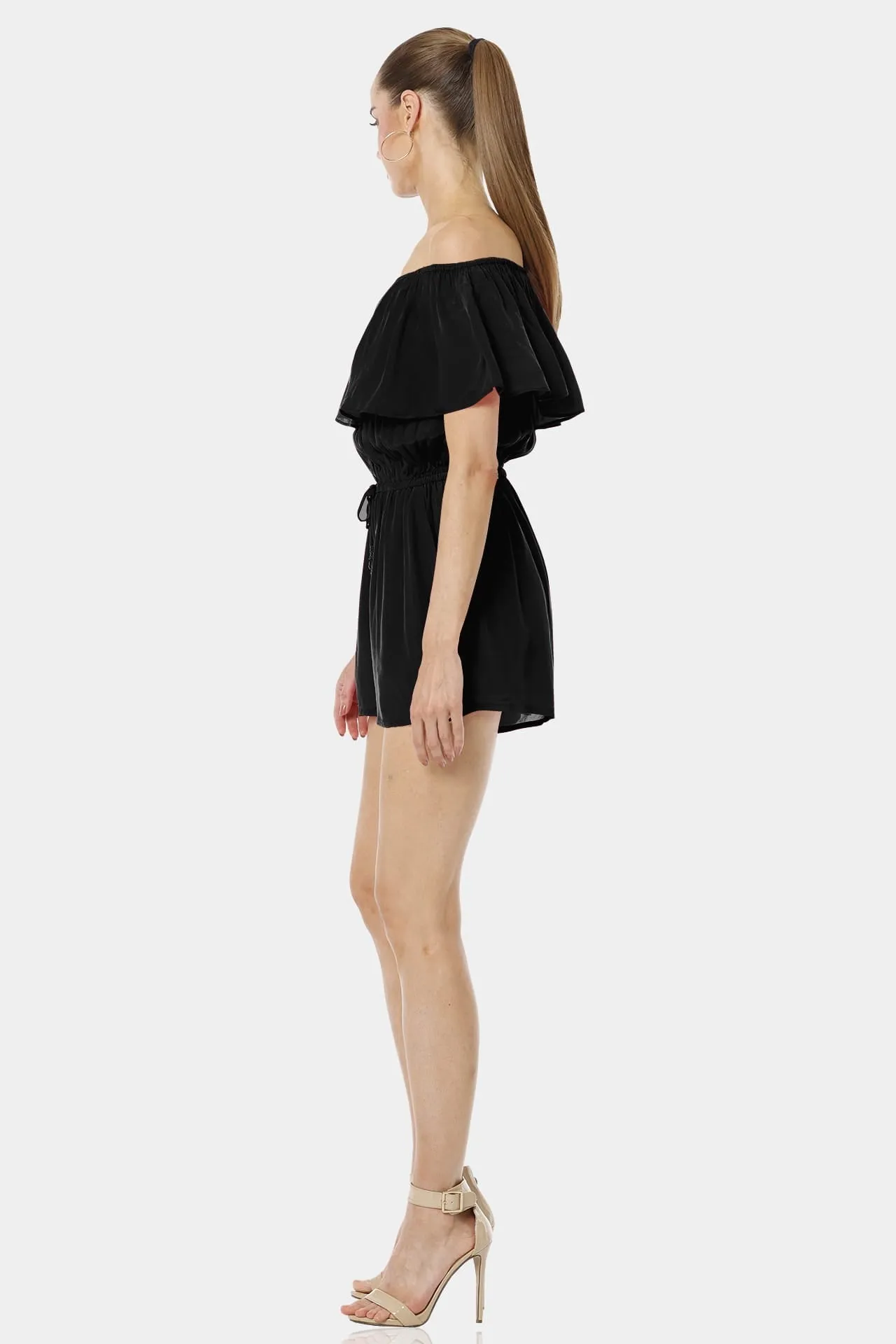 Serenity Black Off Shoulder Backless Mini Dress With Elastic Waist