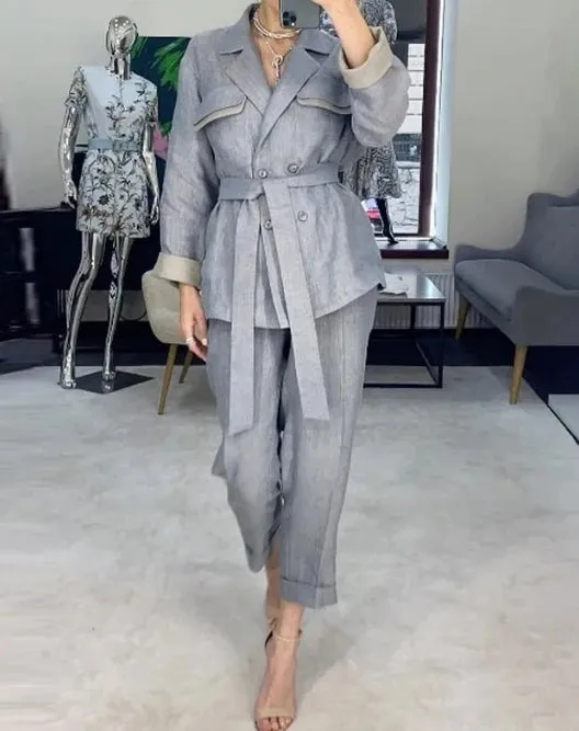 Two Piece Lapel Lace-Up Coat and High-Waisted Straight-Leg Cropped Pants Set