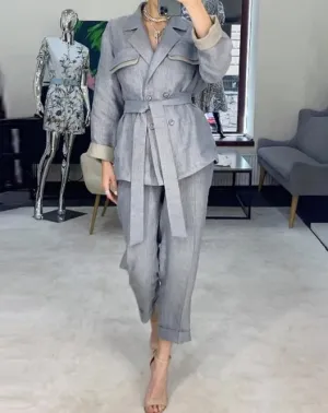 Two Piece Lapel Lace-Up Coat and High-Waisted Straight-Leg Cropped Pants Set
