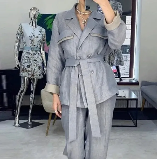 Two Piece Lapel Lace-Up Coat and High-Waisted Straight-Leg Cropped Pants Set
