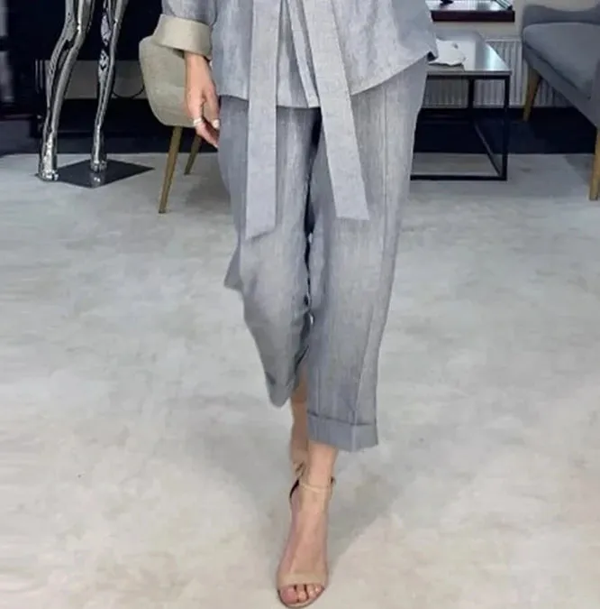 Two Piece Lapel Lace-Up Coat and High-Waisted Straight-Leg Cropped Pants Set