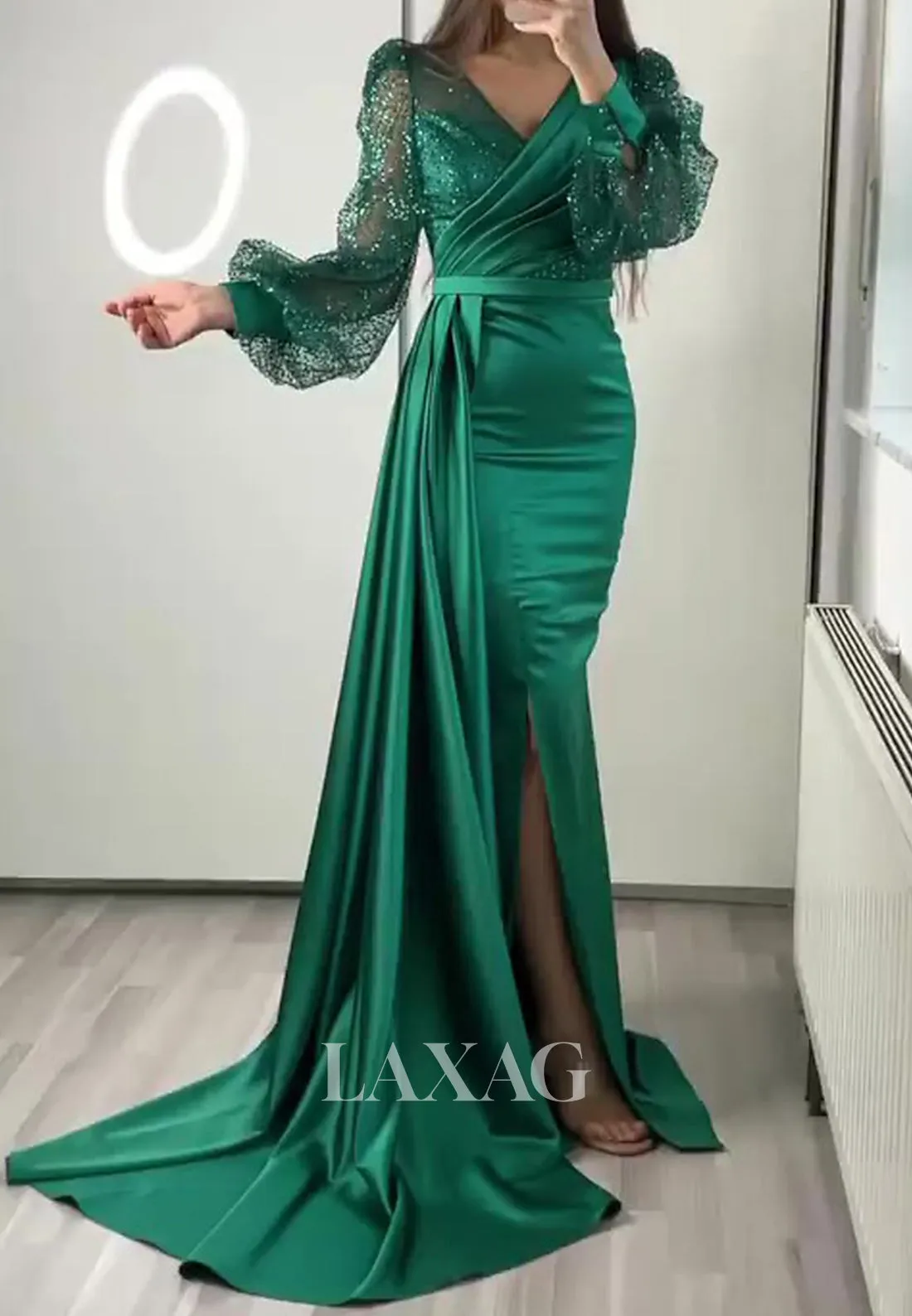 V-Neck Long Sleeves Pleated Satin Evening Gowns Sequined Beaded Sweep Train Mermaid Prom Dress