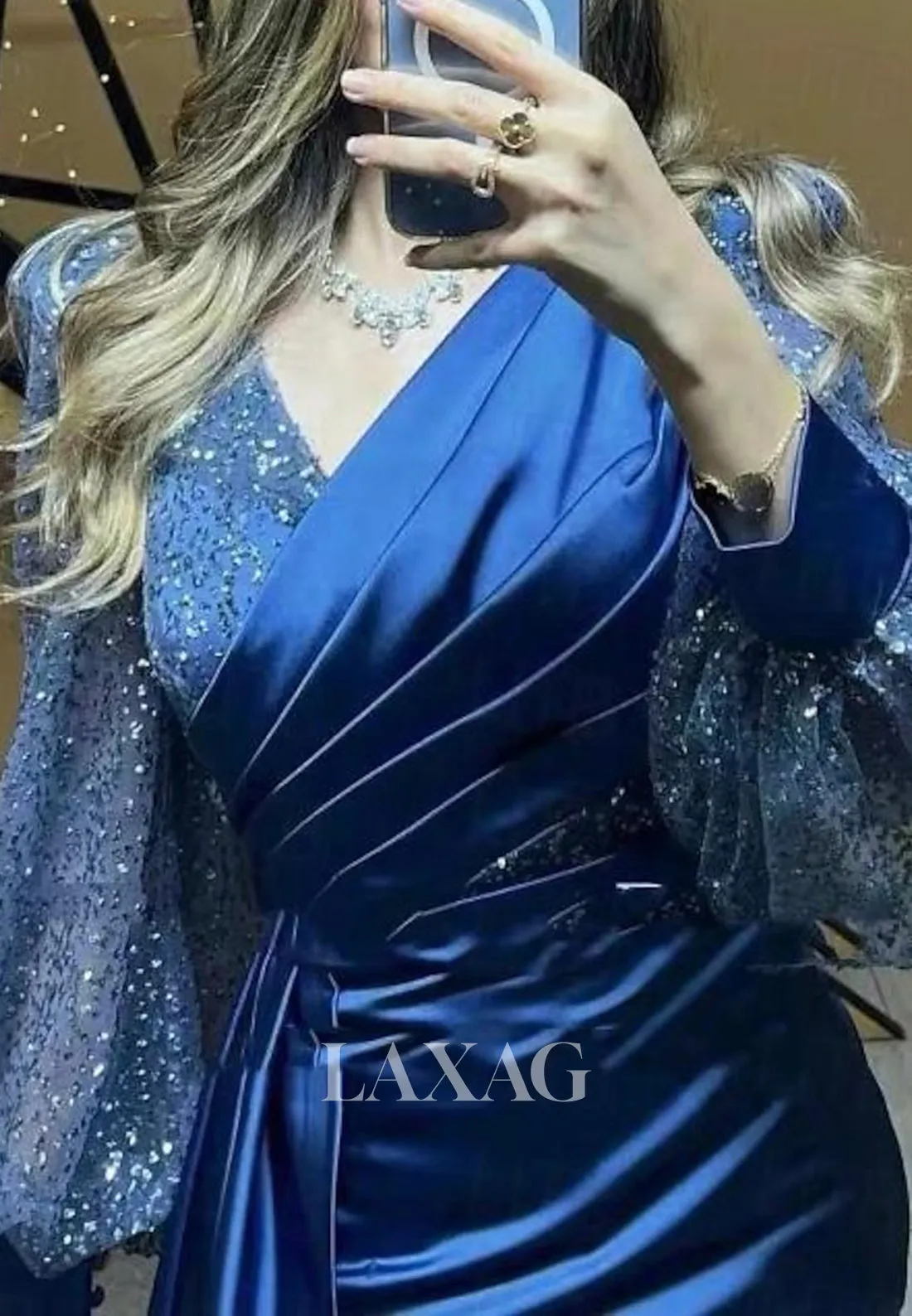 V-Neck Long Sleeves Pleated Satin Evening Gowns Sequined Beaded Sweep Train Mermaid Prom Dress