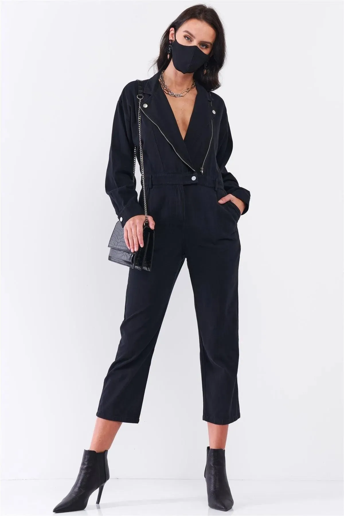 Washed Black Denim Oblique Zip-Up Front Detail Utility Jumpsuit   Black Cloth Mask! /2-2-1