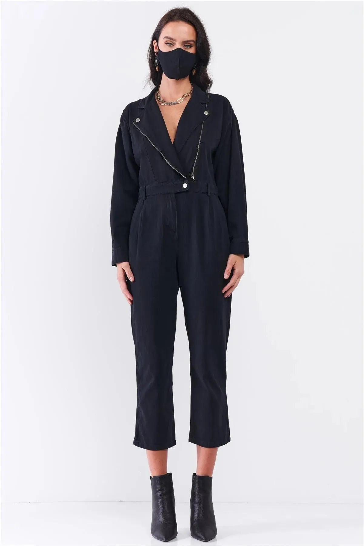 Washed Black Denim Oblique Zip-Up Front Detail Utility Jumpsuit   Black Cloth Mask! /2-2-1
