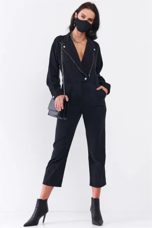 Washed Black Denim Oblique Zip-Up Front Detail Utility Jumpsuit   Black Cloth Mask! /2-2-1